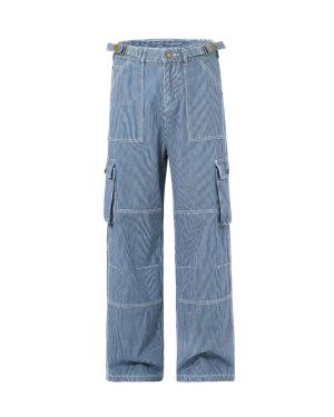 Buckle-Belt Striped Denim Cargo Jeans Manufacturer — G425