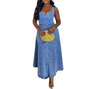 Button-Front Belted Denim Slip Midi Dress