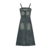 Lace-Up Back Denim Cami Midi Dress