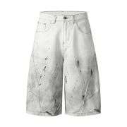 Ink-splatter Barrel Leg Denim Shorts