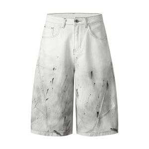 Ink-splatter Barrel Leg Denim Shorts