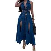 Cut-Out Sleeveless Button-Front Denim Midi Dress