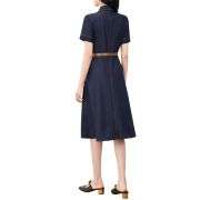 Short-Sleeve Belted Denim Knee-Length Shirtdress