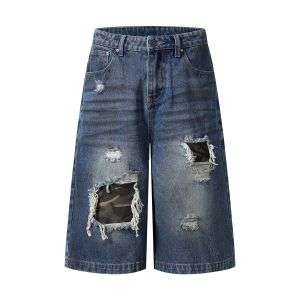 Ripped Patchwork Camo Denim Bermuda Shorts