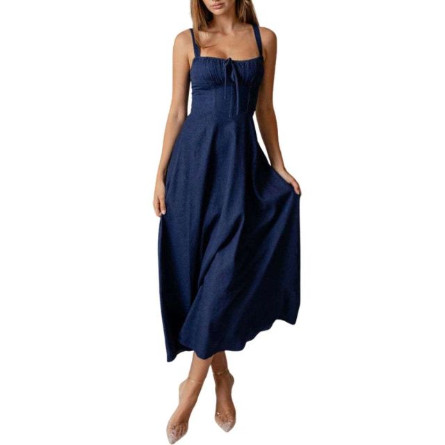 tied bust denim midi dress front view