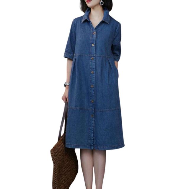 elbow length sleeve oversized denim midi dress front view