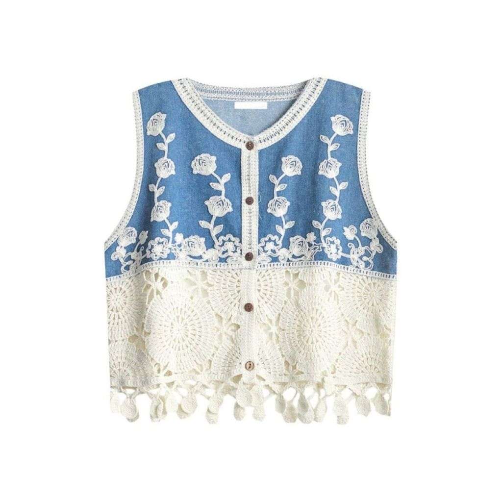 Front view of floral embroidered denim vest HZ-T1.SY-TX.VX with button-front closure and cut-out styling