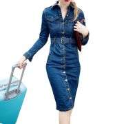 Long-Sleeve Button-Front Denim Midi Dress