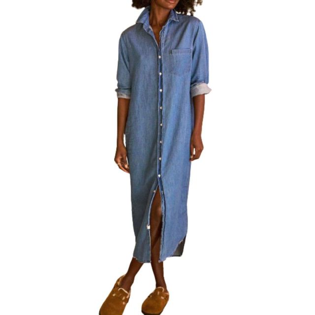 loose fit denim maxi shirtdress front view