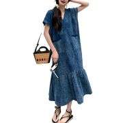 Jacquard Oversized Short-Sleeve Denim Mididress