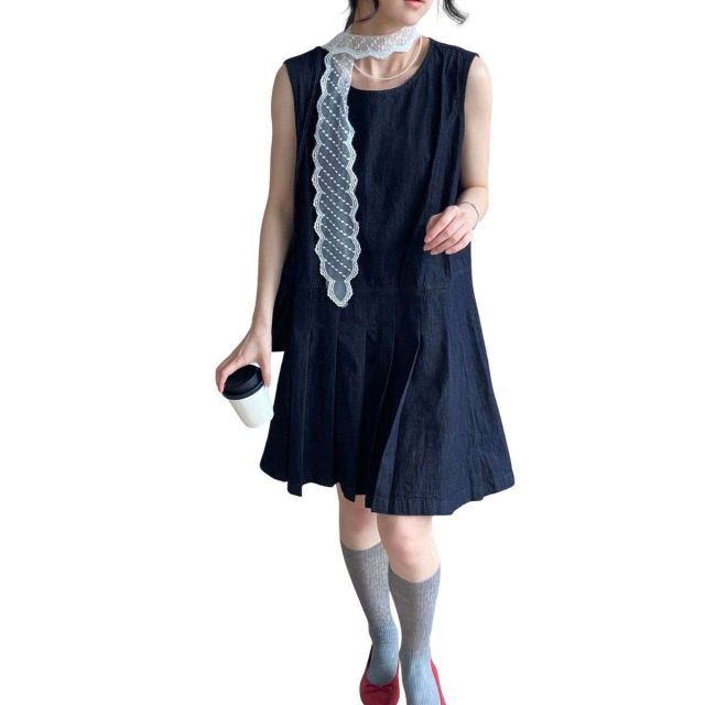 loose fit pleated denim mini dress front view