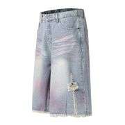 Tie-Dyed Raw Hem Ripped Bermuda Shorts