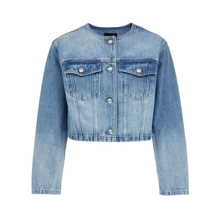 ジャケット・アウター no mass prod Cropped denim flight jacket Collarless Denim Crop Jacket | OEM Denim Maker