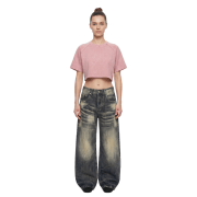 Snow Washed Raglan Sleeve Round Neck Cropped T-Shirt