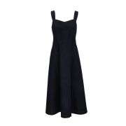 Square-Neck Denim Cami Dress With Wide Skirt Cut and Waistband