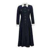 Color-Block Pocket Denim Dress With Flared Hem