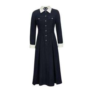 Color-Block Pocket Denim Dress With Flared Hem