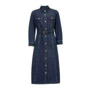Retro Button Front Cotton Belted A Line Collar Denim Dress