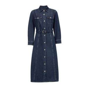 Retro Button Front Cotton Belted A Line Collar Denim Dress