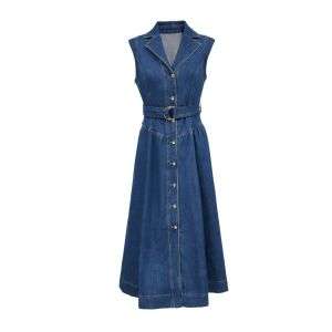 Vintage Sleeveless Belted Collar Gold Button Front Denim Maxi Dress