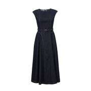 A Line Sleeveless Belted Rayon Blend With Side Pockets Denim Dress