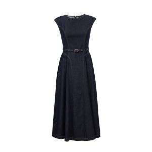 A Line Sleeveless Belted Rayon Blend With Side Pockets Denim Dress