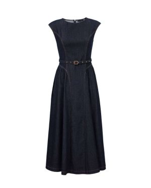 A-Line Sleeveless Belted Denim Dress – 326142012