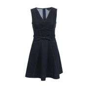 V-Neck A-Line Sleeveless Belted With Pockets Denim Dress
