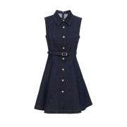 Retro A Line Button Front Collar Neckline With Belted Denim Dress