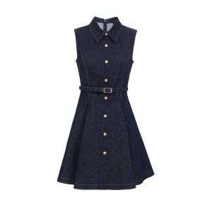 Retro A Line Button Front Collar Neckline With Belted Denim Dress