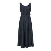 Tencel Belted A-Line Denim Maxi Dress With Back Zipper