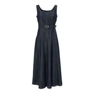 Tencel Belted A-Line Denim Maxi Dress With Back Zipper