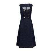U-Neck Sleeveless A Line Double Breasted Gold Buttons Denim Dress