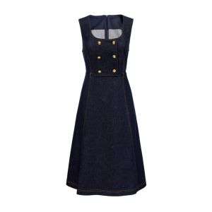 U-Neck Sleeveless A Line Double Breasted Gold Buttons Denim Dress