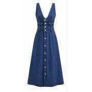 Denim V-neck Button Maxi Dress