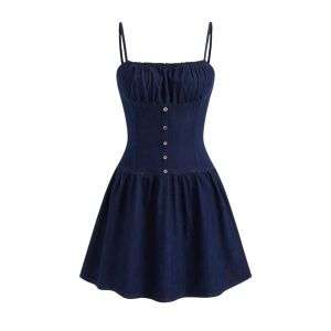 Denim Button Ruffle Mini Dress For Date