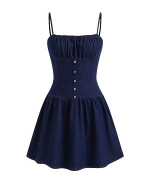 Denim Button Ruffle Mini Dress – 114573202