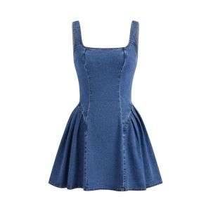 High Stretch Denim Scoop Neckline Ruffle Mini Dress