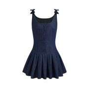 Denim U-neckline Pleated Bowknot Mini Dress