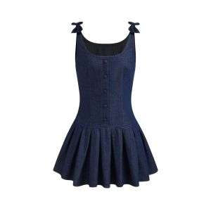 Denim U-neckline Pleated Bowknot Mini Dress