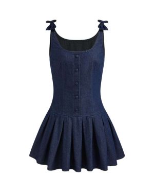 Denim U-Neck Pleated Bowknot Mini Dress – 114411853