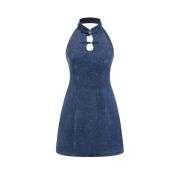 Stretch Denim Mandarin Collar Solid Cut Out Mini Dress For Daily Casual