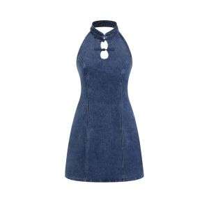 Stretch Denim Mandarin Collar Solid Cut Out Mini Dress For Daily Casual