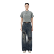 Snow Washed Qipao Collar Short Sleeve Cropped T-Shirt