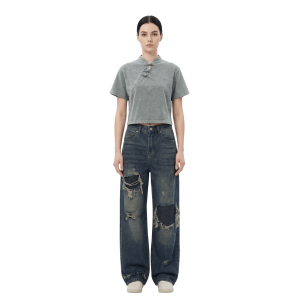 Snow Washed Qipao Collar Short Sleeve Cropped T-Shirt