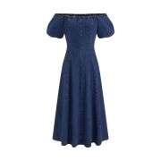 Stretch Denim Off-Shoulder A-line Ruffle Puff Sleeve Maxi Dress For Daily Casual