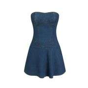 Strapless Stretch Bandeau Ruffle Hem Denim Mini Dress