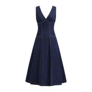 Stretch Denim V-Neck Flared Pockets Maxi Dress