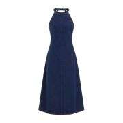 Stretch Washed Denim Halter Neck A-line Maxi Dress For Daily Casual