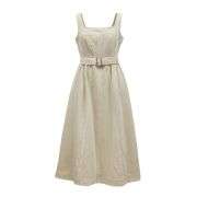 Vintage Washed A-Line Denim Belted High Waist Cami Midi Dress